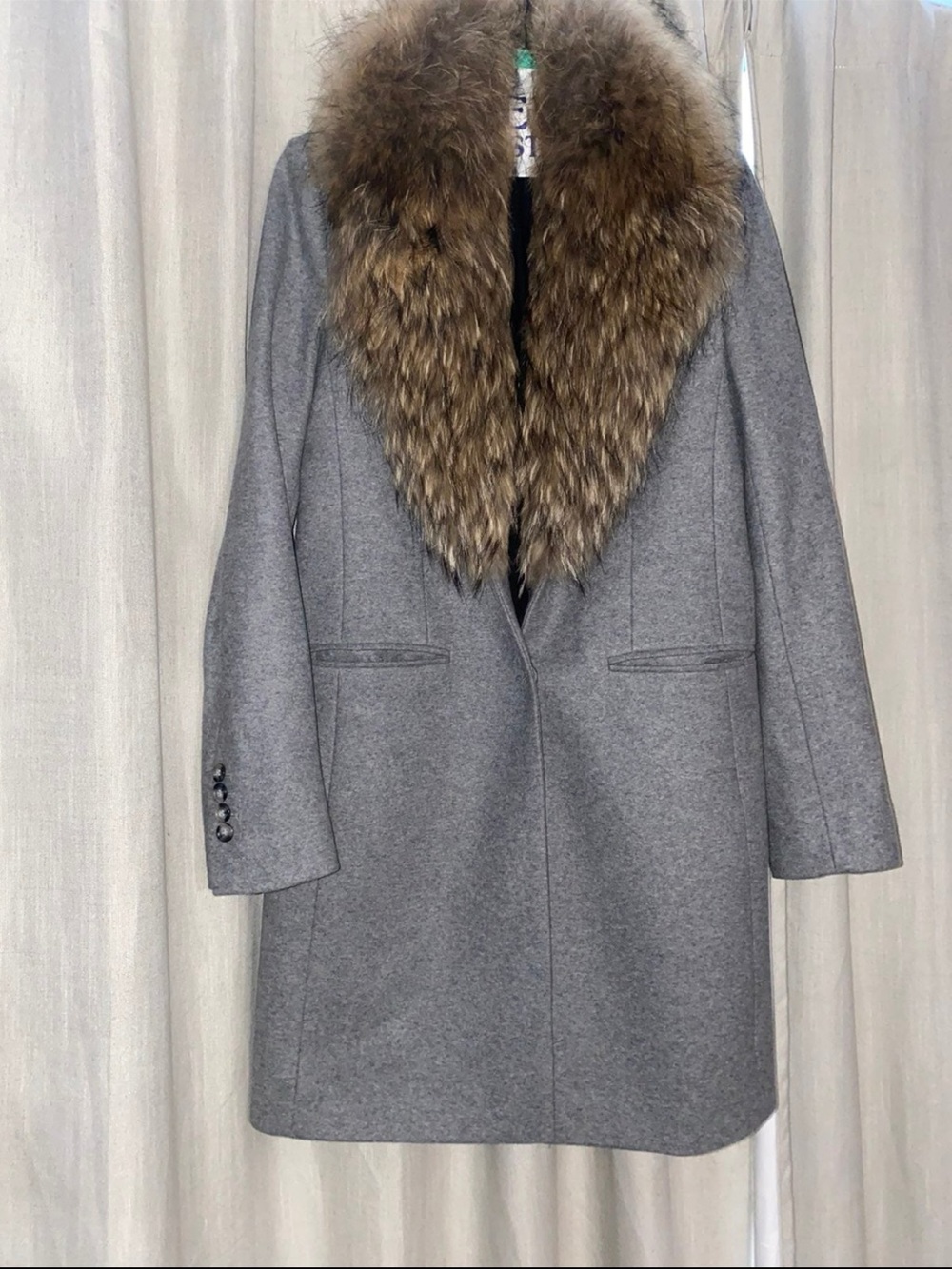 SAM. Gray Wool Peacoat with Brown Fur Shawl Collar